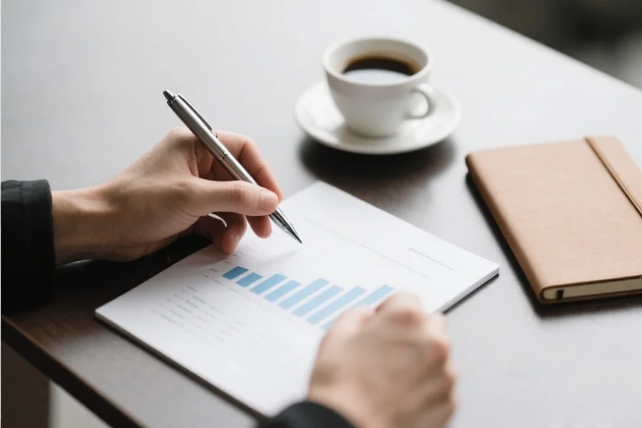 一只手正冷静地在桌面上用笔记录分析数据，旁边放着一杯咖啡和笔记本，展现理性分析的氛围