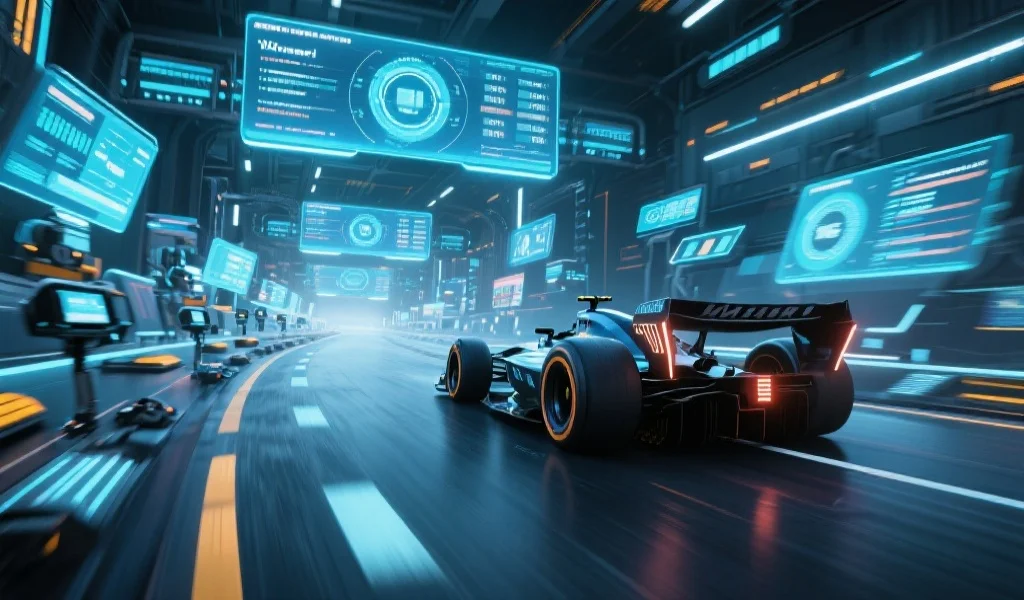 未来赛车场景，赛车高速行驶在智能化赛道上，周围布满高科技传感器与实时数据屏幕